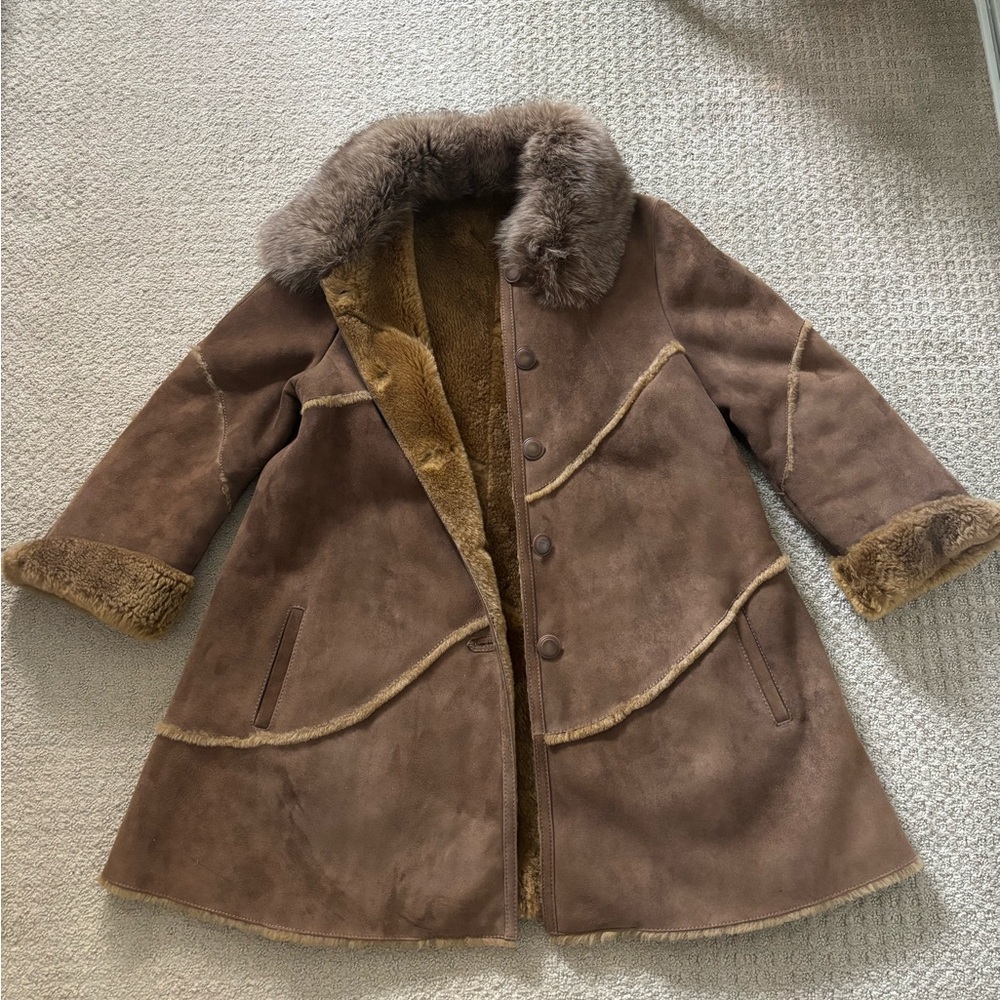 Women's Shearling Fur and Arctic Fox Coat Beige Knee Length Size S/M